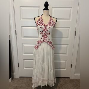 Free People Embroidered White Halter Maxi Dress with Red Accents